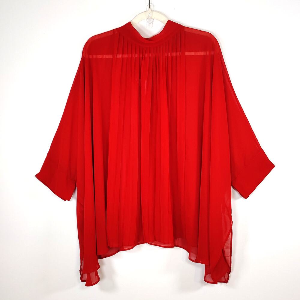 Zara Studio Sheer Tie Back Mock Neck Blouse‎ Blood Red Asymmetrical Hem M